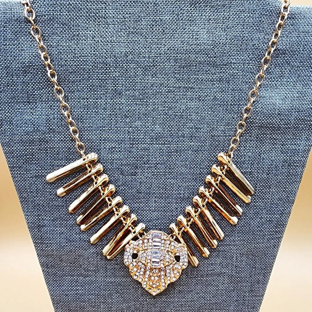 NEW Statement Polished Gold Fringe Rhinestone Center Dressy Runway Necklace